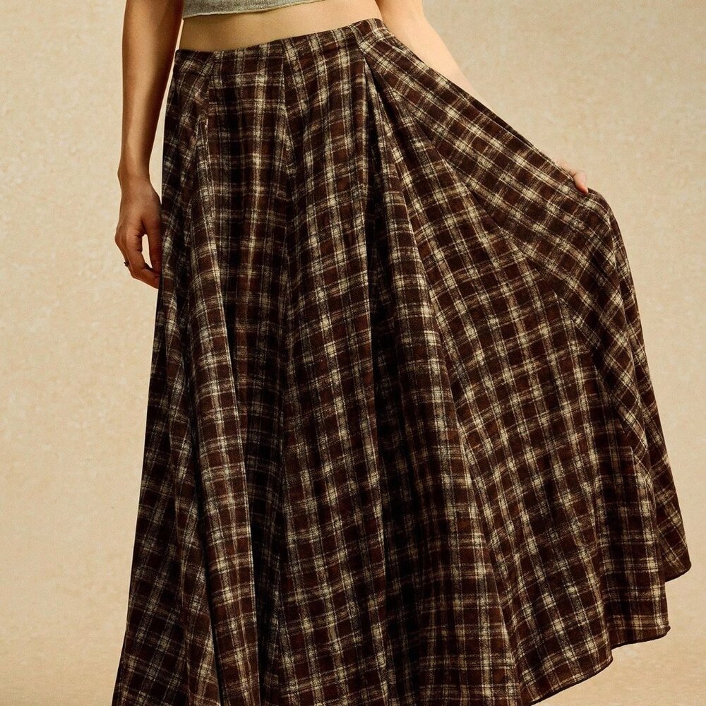 Mocha Brown Casual Women's Long Loose Plaid Skirt - Picture 7 of 8